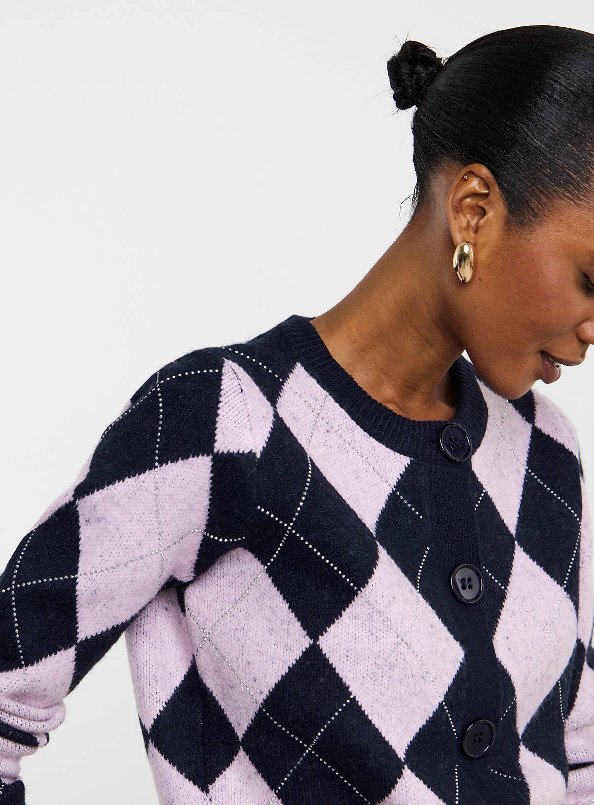JD WILLIAMS Diamante Argyle Crew Neck Cardigan 12-14 - Image 4